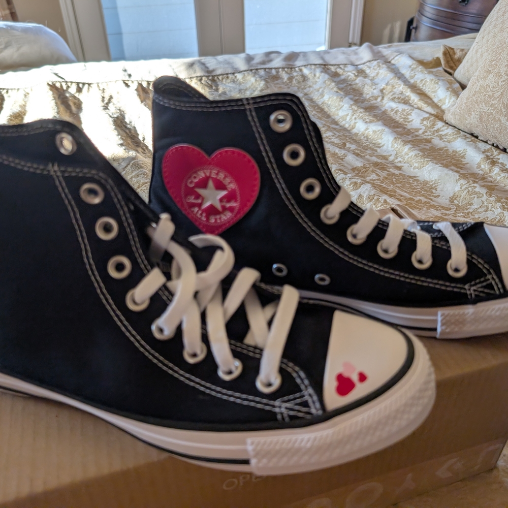 Converse Black High-Tops with Red Heart Accent